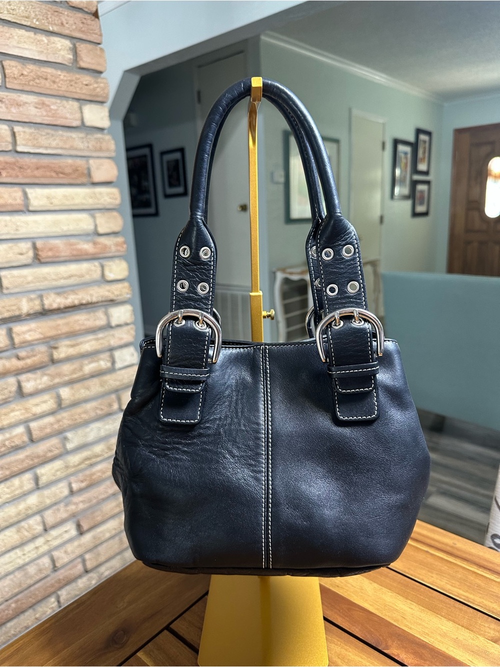 Clarks Black Leather Shoulder Bag with Silver Buckle Accents